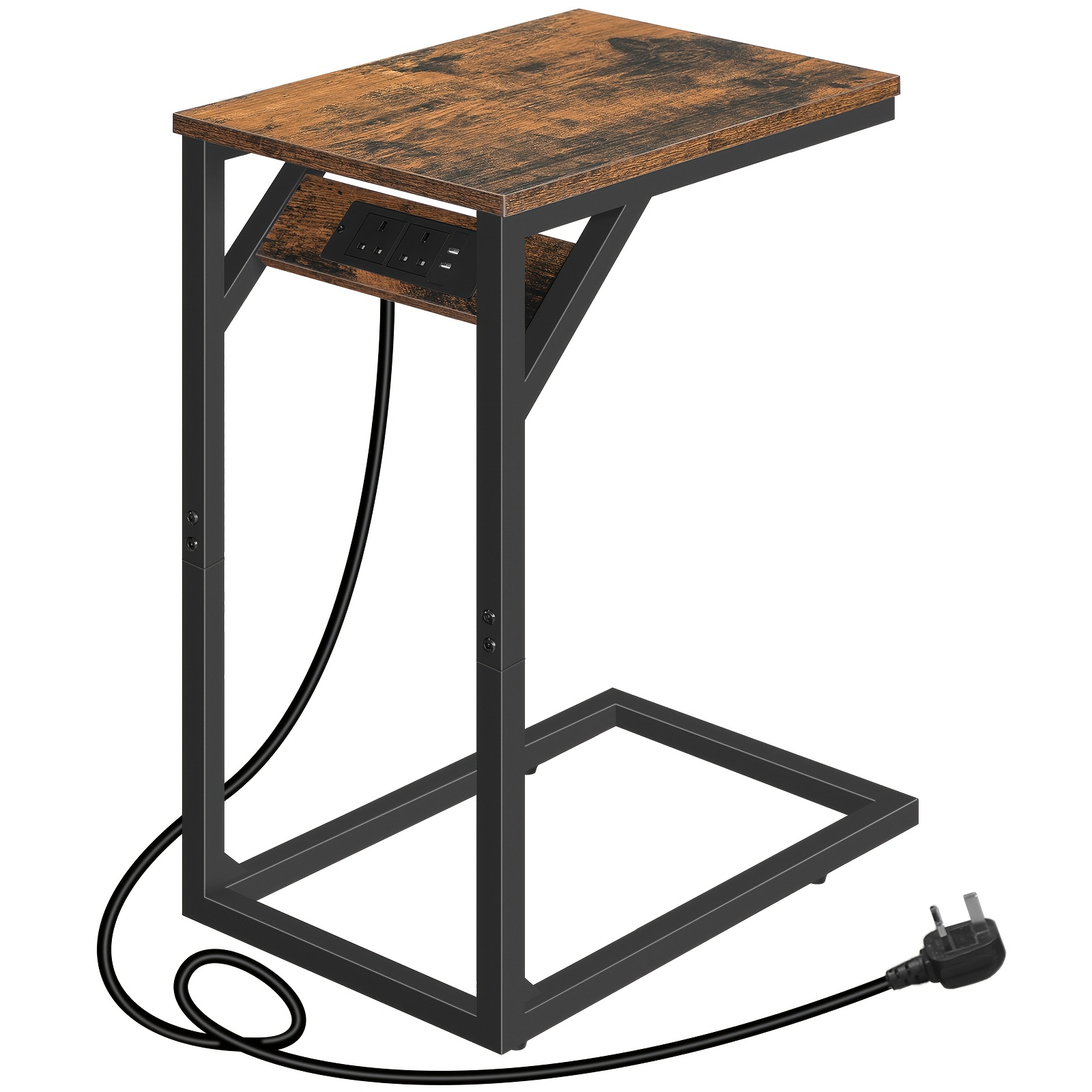 TEMU C Shaped Side Table, Bedside Table With Charging Station, End Table For Small Spaces, 2 Usb Ports And Outlets, For Bedroom, Living Room, Rustic