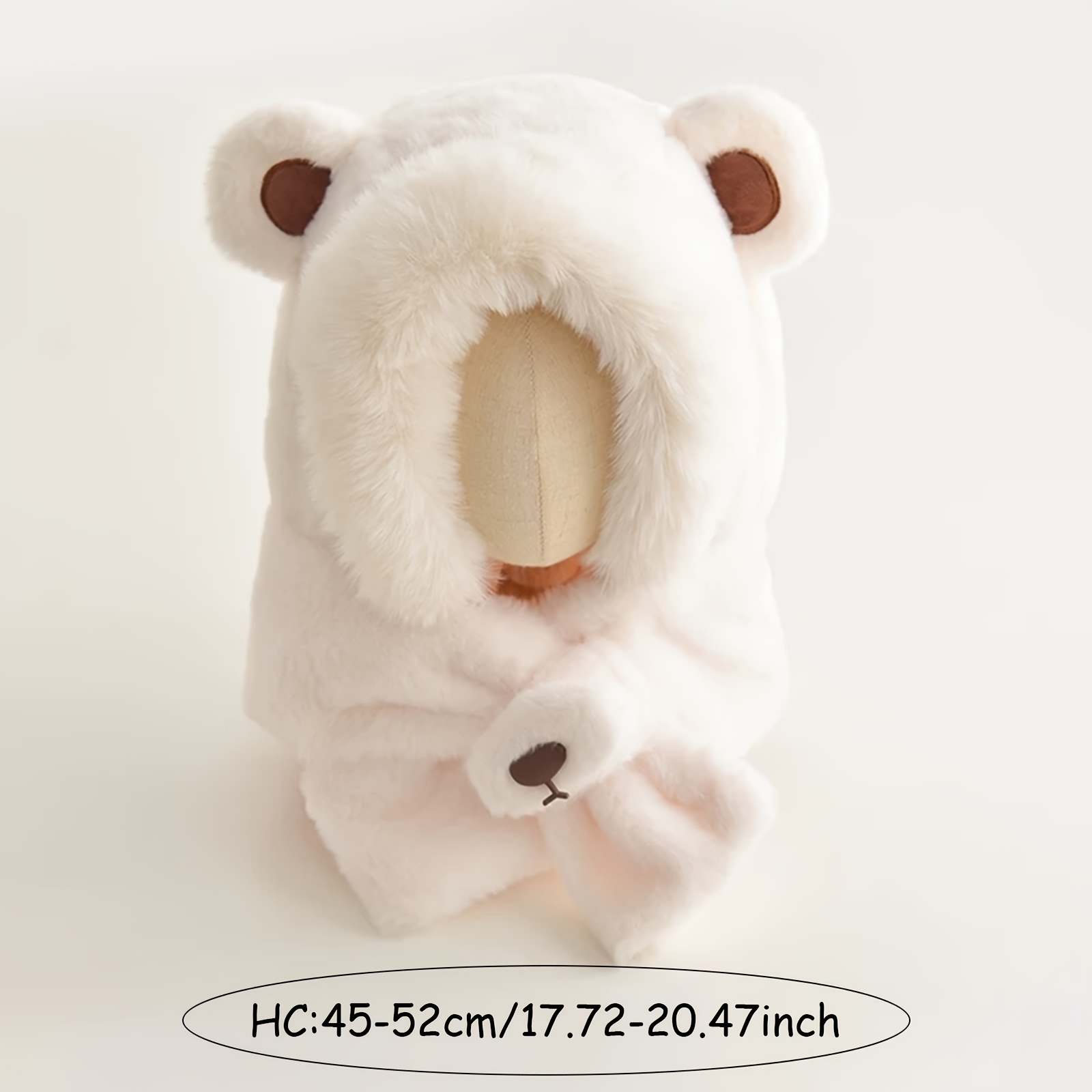 TEMU 1pc Cute Bear Ears Winter Plush Thickened Daily Warm Hat Scarf 1pc Hoodie, Suitable For 0-3 Years Old