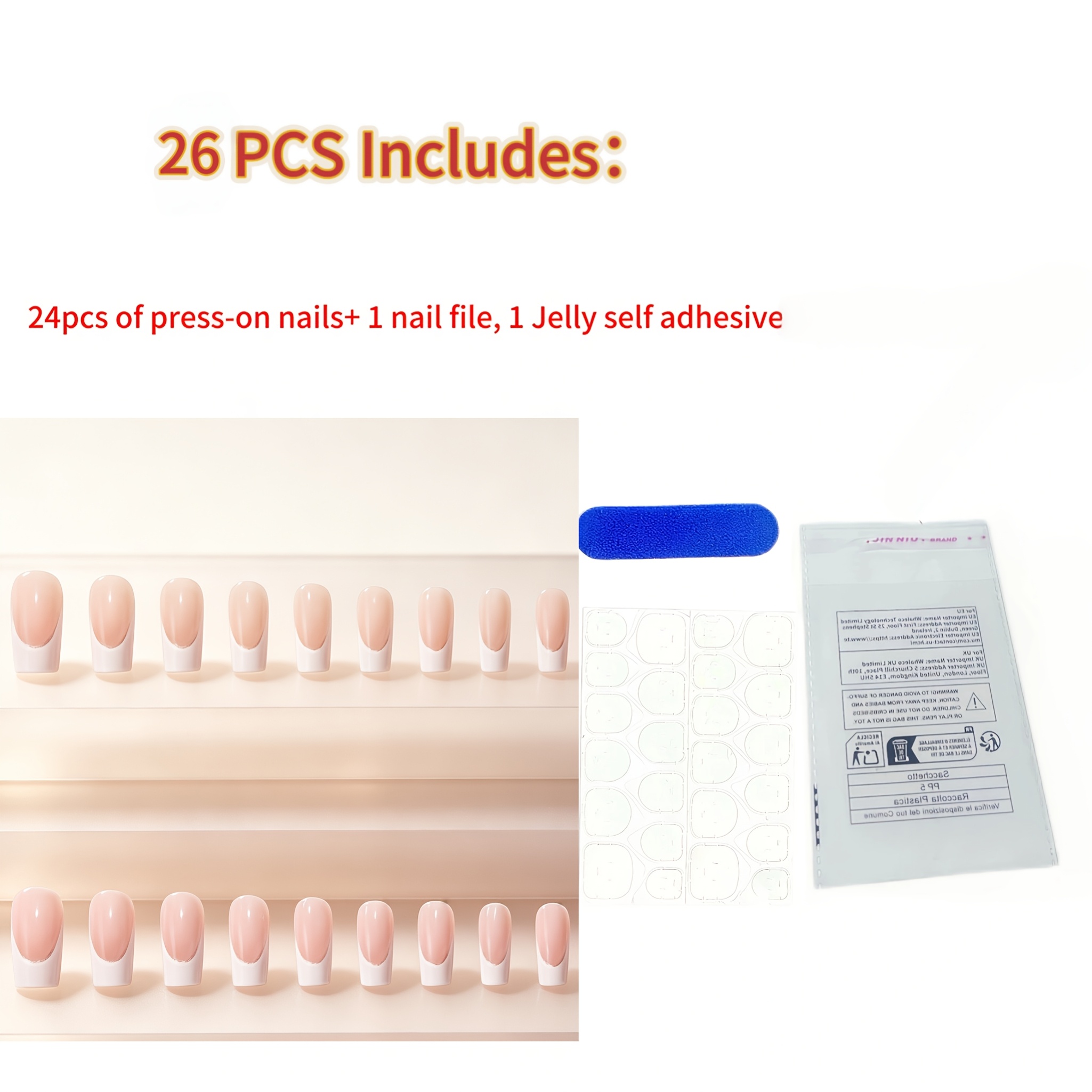 TEMU 26pcs Set Includes: 24 Press-on Nails, 1 Nail File, 1 Sheet Of Jelly Self-adhesive Tabs. Elegant White French Tip Press-on Nails Kit – Includes