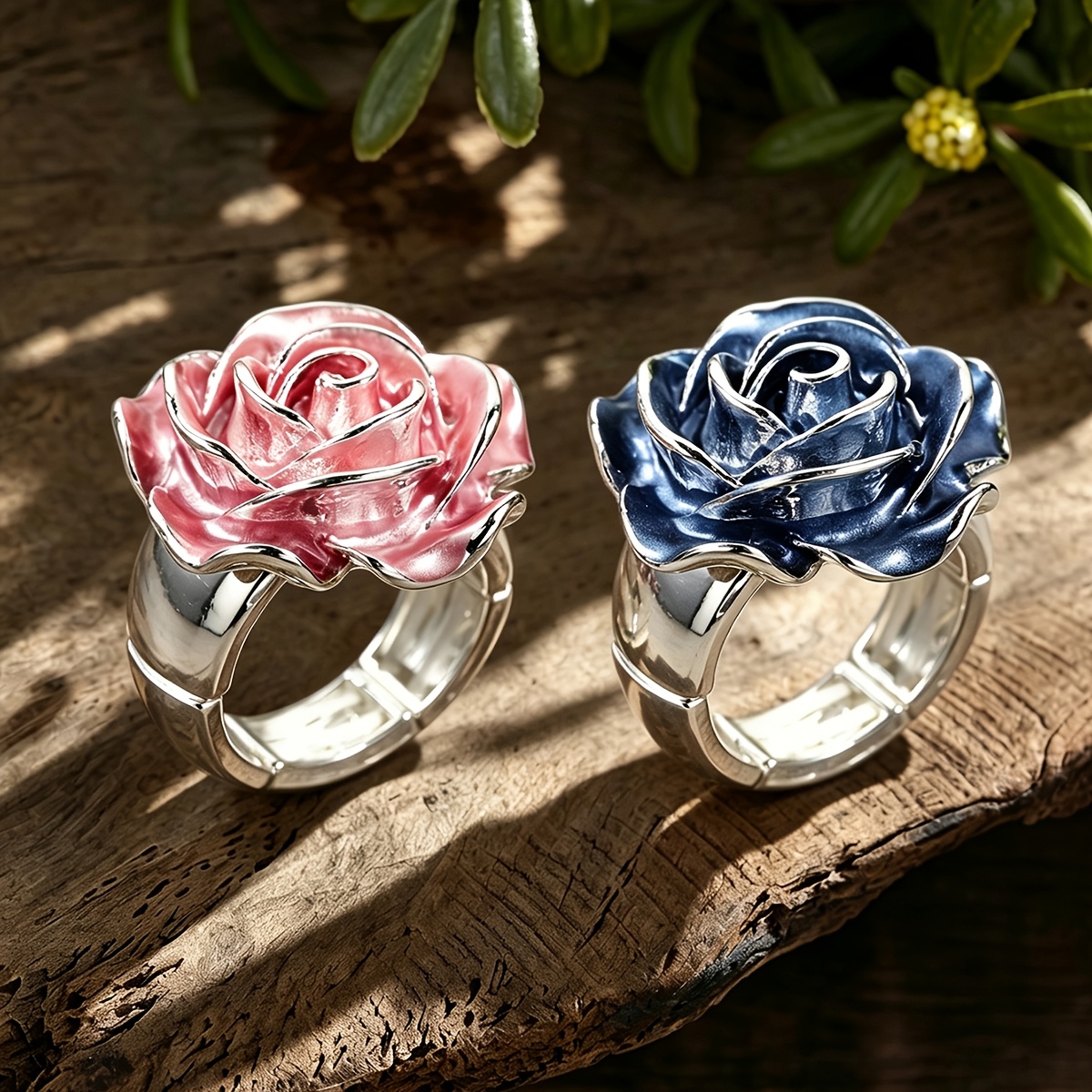TEMU Set pezzi Anello di tendenza con rosa smaltata 3D vintage a forma , accessorio con fascia elasticizzata regolabile placcata , eleganti anelli da
