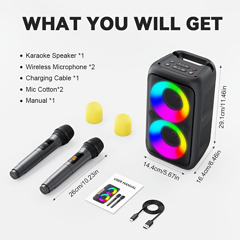 TEMU Machine Karaoké, Enceinte Portable avec 2 Microphones Karaoké Fil, Machine Karaoké pour Adultes, Compatible Carte TF/Interface USB, Entrée AUX,