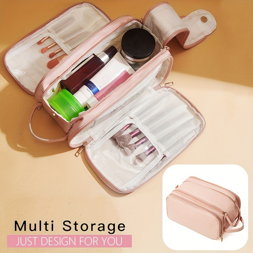 

Luxurious Large Capacity Multifunctional Makeup Bag, Double Zipper Toiletry Organizer, Portable Travel Cosmetics Case With Brush Holder, Waterproof Skincare Storage Pouch For Women