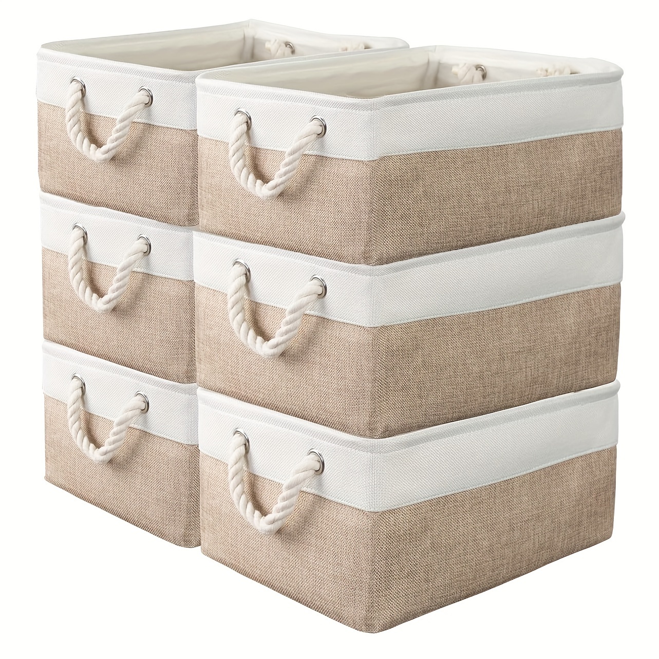 

6-pack Rectangular Storage Baskets With Rope Handles For Clothes, Books, And Room Types - Fabric Organizer Bins For Home, Office, And Garage Storage