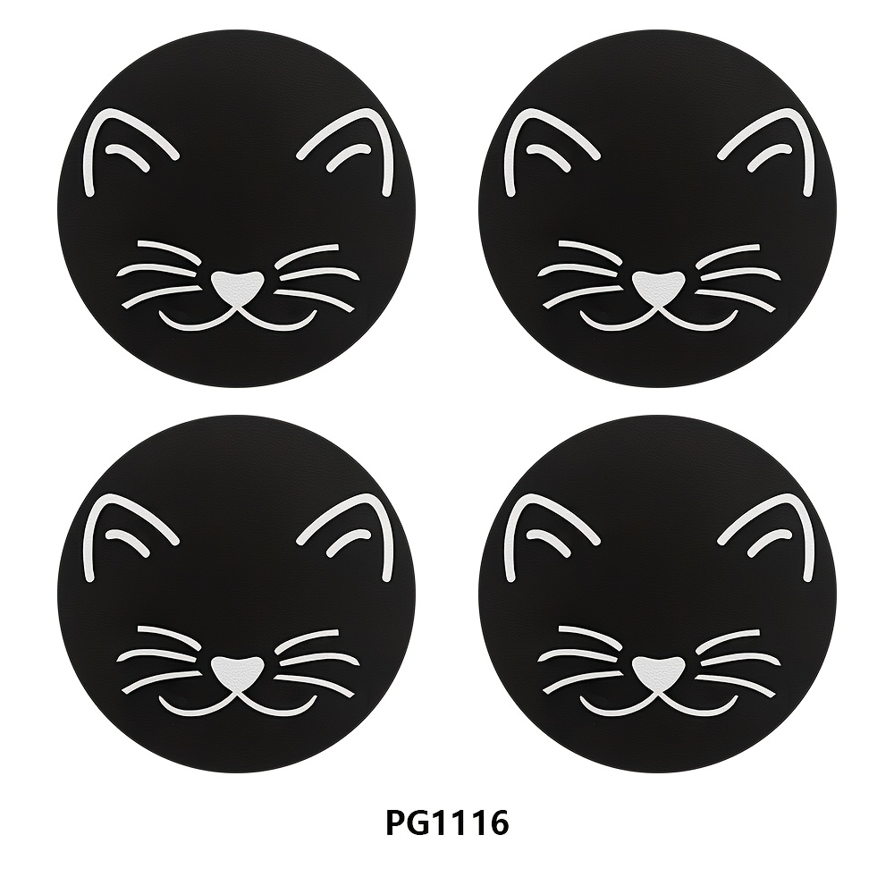 TEMU 4pcs Cute Black Cat Face Pattern Car Coaster, 2.755-inch Round Pu Leather Decorative Car Coaster, Home And Car Water Cup Mat, Beverage Mat -