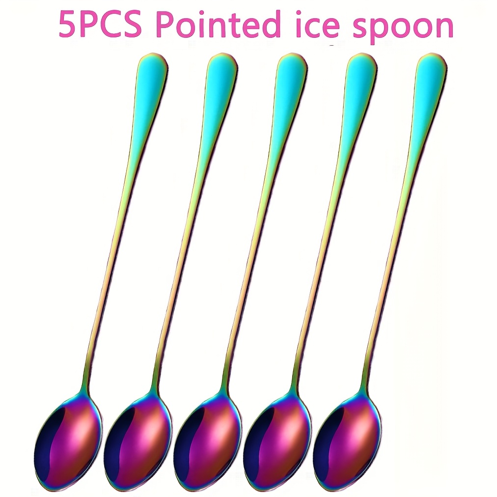 Image of 5pcs Premium Stainless Steel Long Handled Dessert Spoon Ice Tea Spoon, Perfect For Coffee/iced Tea/ice Cream/smoothie (rainbow)