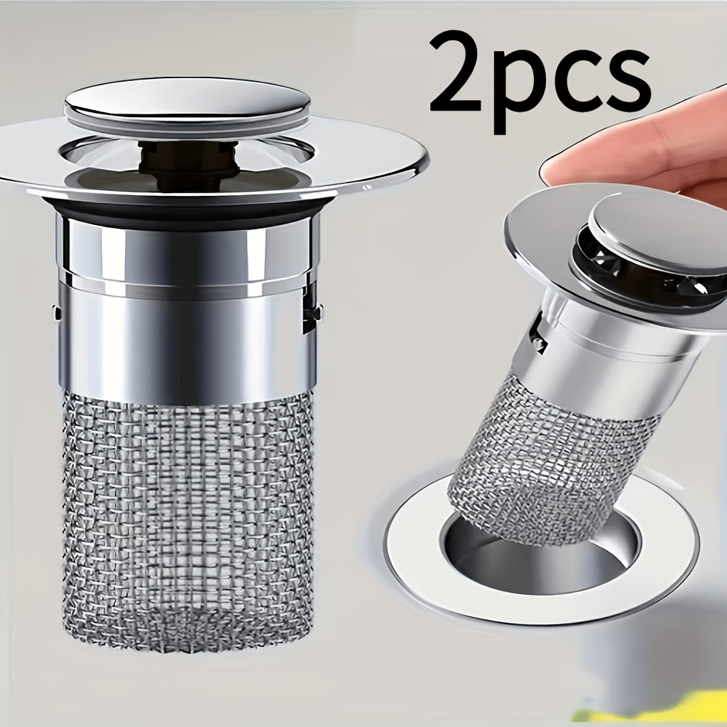 Image of 2pcs Sink Drain Stainless Steel Filter, Pop Up Sink Drain Filter With Removable Stainless Steel Filter Basket Hair Trap, Bathroom Sink Drain Plug, Replacement Bathroom Sink Plug