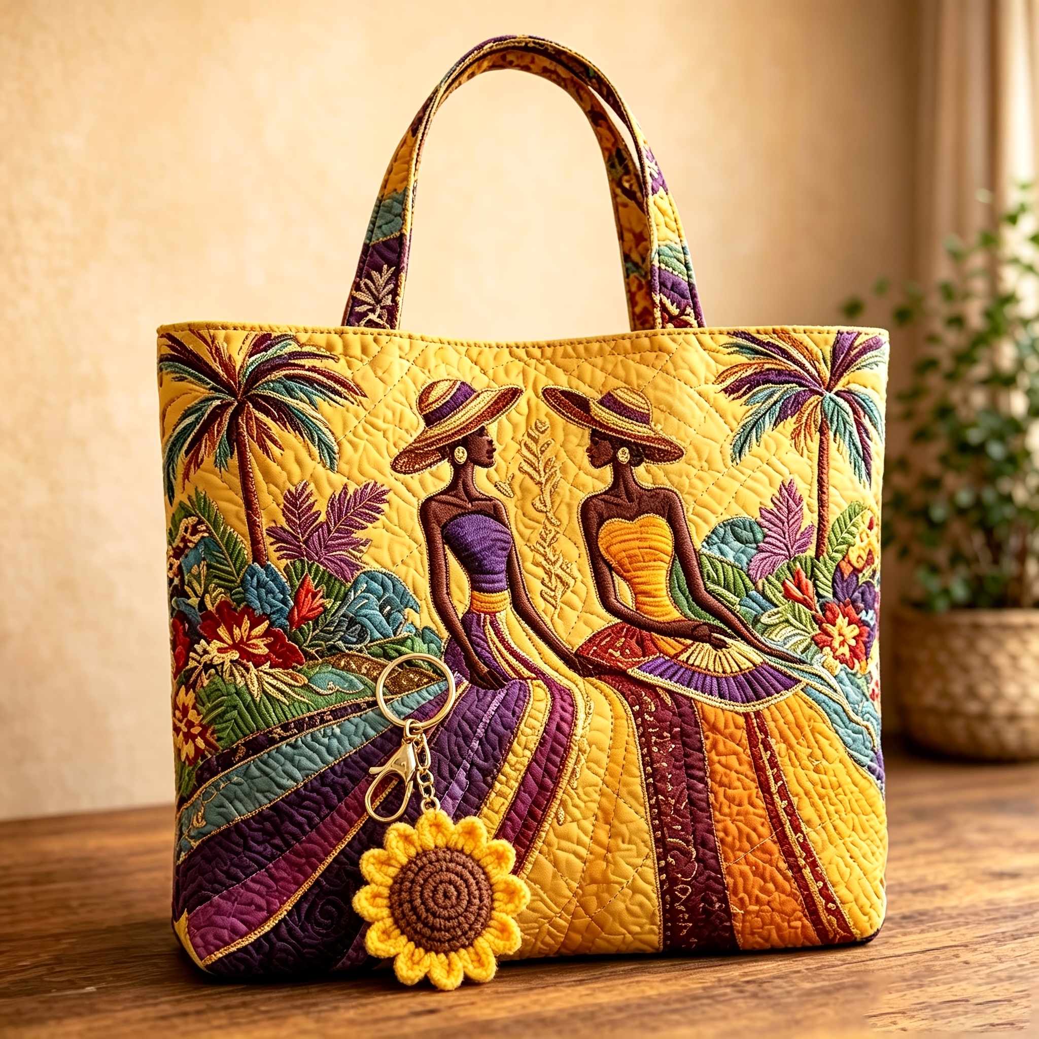 Image of 2pcs Quilted Tote Bags With Sunflower Keychain Gift, Women's African Print Shoulder Bag, Large Capacity Handbag With Colorful Figure Patterns, Retro Fashion Casual Bag For Shopping Commuting Daily Use