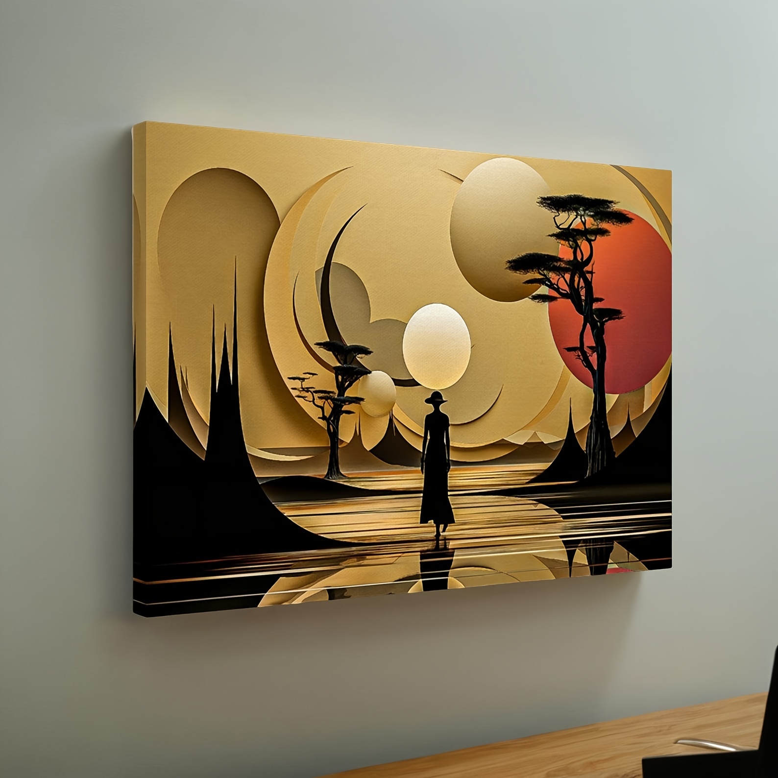 

Futuristic Landscape Canvas Art With Wooden Frame - Abstract African Silhouette, Golden Tones, 3d Spherical Wall Decor For Living Room, Bedroom, Office Canvas Art Wall Decor Art Canvas Wall Decor