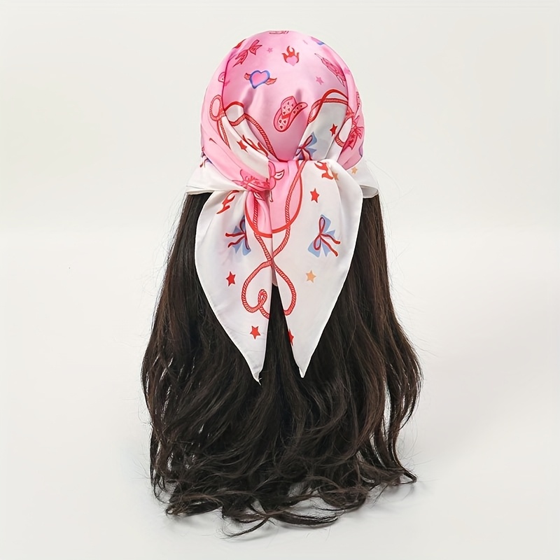1pc Pink And White Square Scarf, Sweet Heart And , Retro Headscarf/headband/neck Accent, Outfit Highlight Accessory