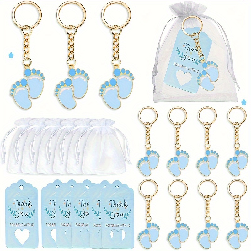 

20pcs Gift Set With Blue Footprint Keychain Gift With White Organza Bag And Thank You Tag, Suitable For Gift , Party Decoration Supplies, Etc