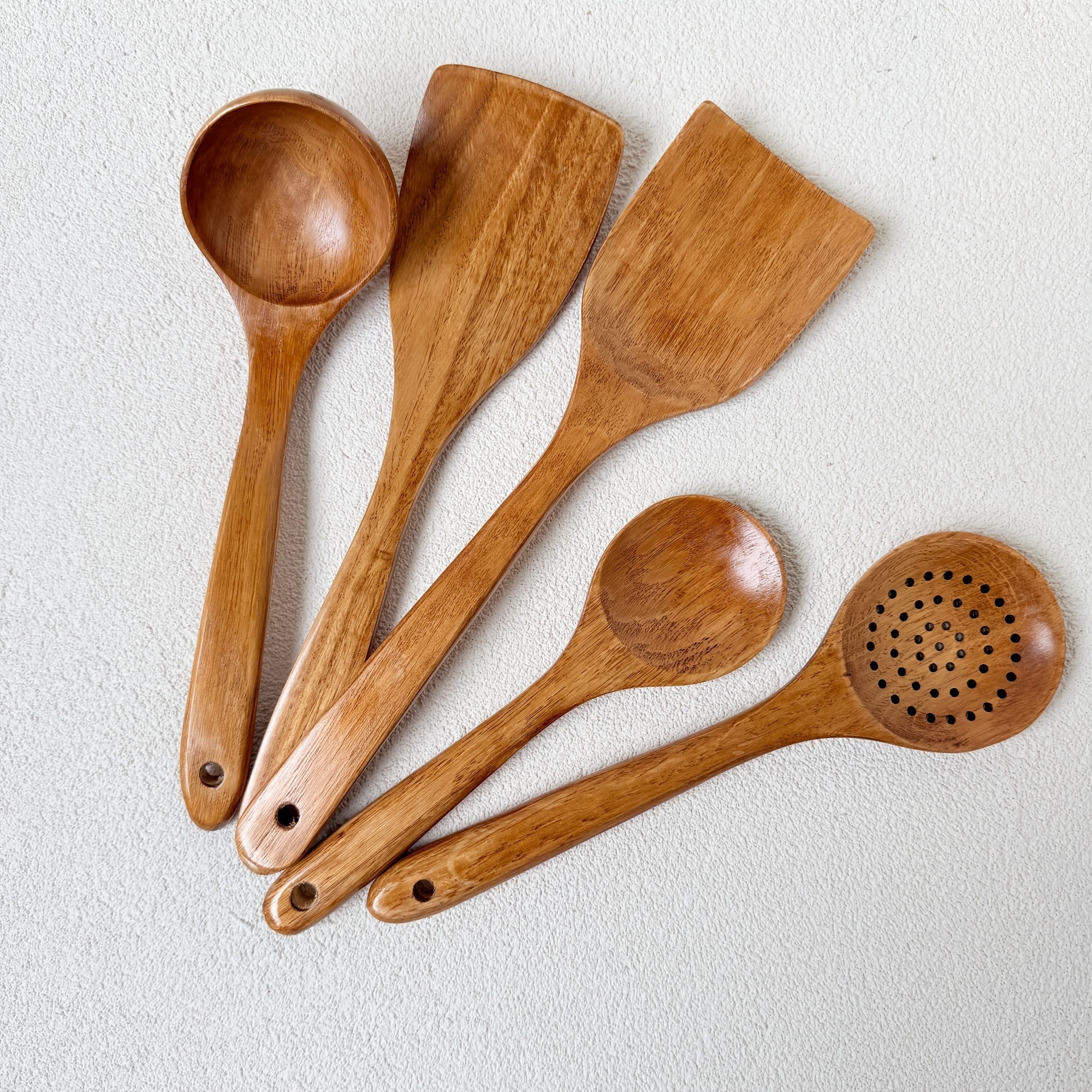TEMU 5pcs Non-scratch Wooden Kitchen Tools, Heat Resistant Spatula Set, Essential Cookware For Family Cooking, Wood Utensils, Long Handle Server