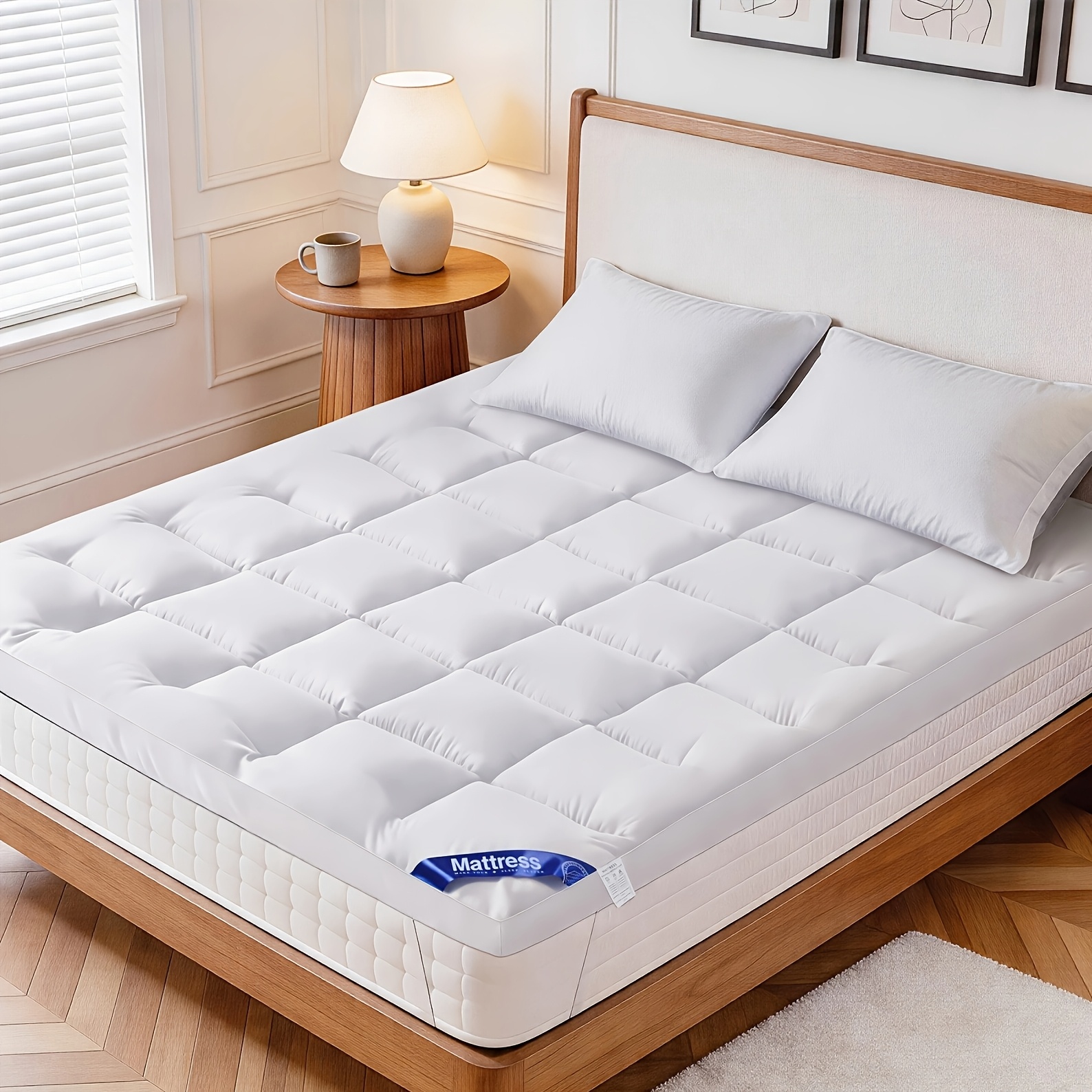 Image of White 10cm Mattress Topper With 1000gsm Microfiber Filling - Breathable Quilted Mattress Pad With Elastic Corner Straps, Ultra Soft Plush Bed Topper, Machine Washable, , Multiple Sizes & Colors