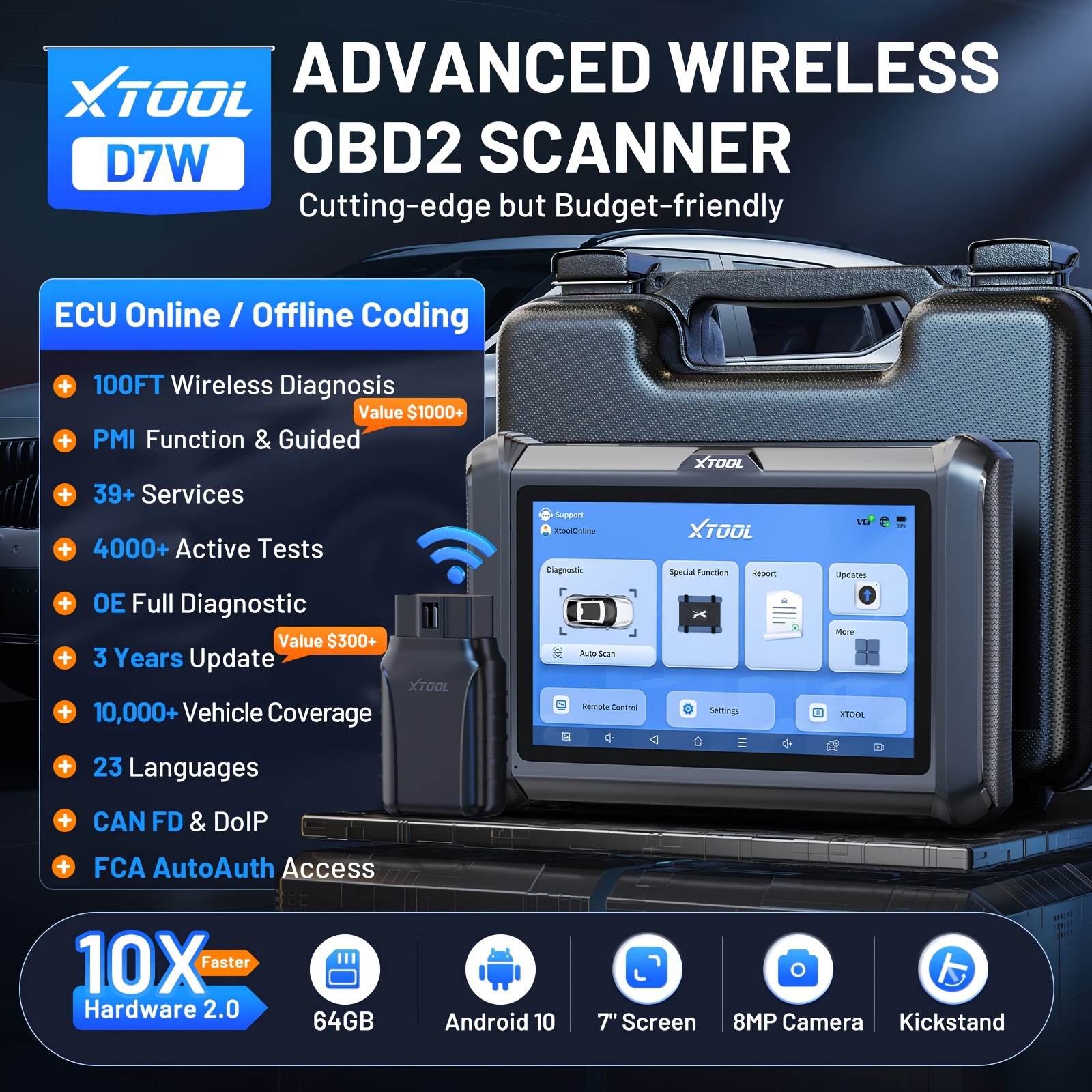 XTOOL D7W Wireless OBD2 Scanner Diagnostic Tool 2026 AI-Assisted Bidirectional Scan Tool Upgraded of D7/D7S/D7BT, ECU C0ding, 39+ Resets, CAN FD & DoIP, All System Scanner for Car, 3-Yr Update