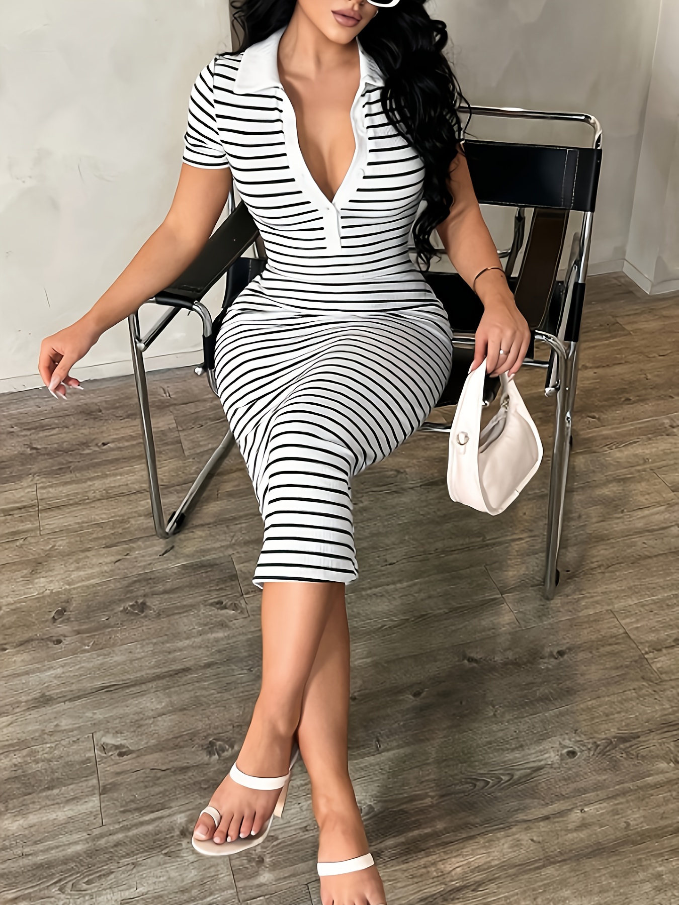 black and white smart casual dress womens black white striped collar casual elegant 1pc summer