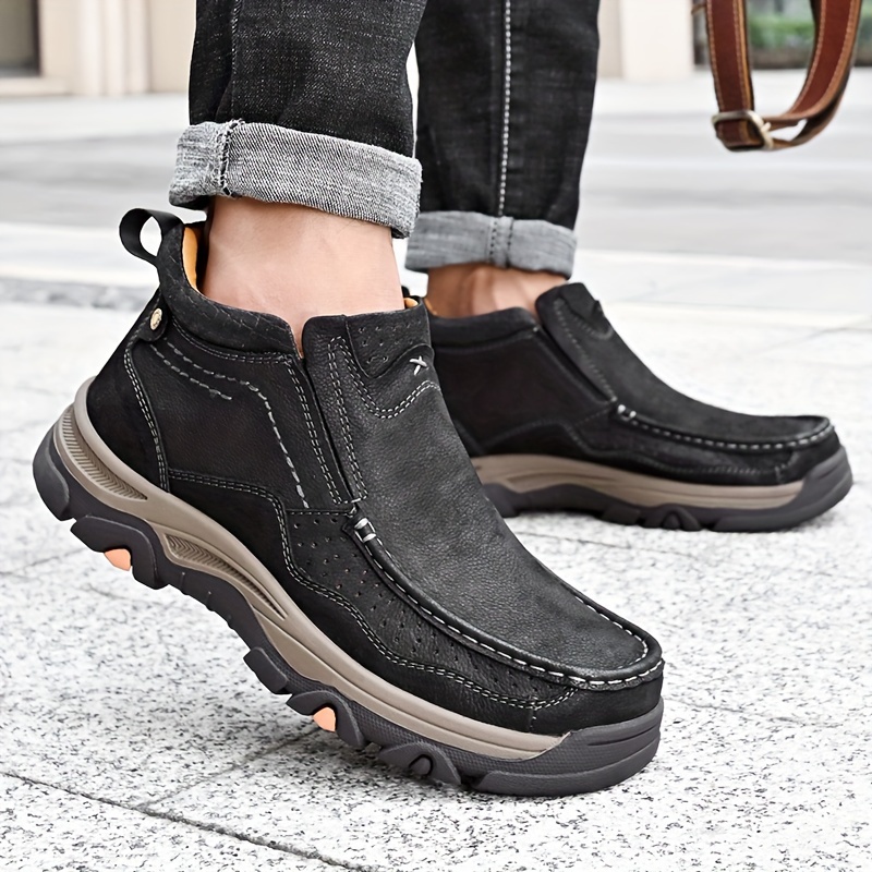 Herr höga läderloafers klassiska slip on vardagsskor för utomhusbruk, vandring, avslappnad klädsel, bekväm ovandel i äkta läder med halkfri gummisula, vardagsskor, slip-on loafers, slitstarka gummisuladetaljer 6