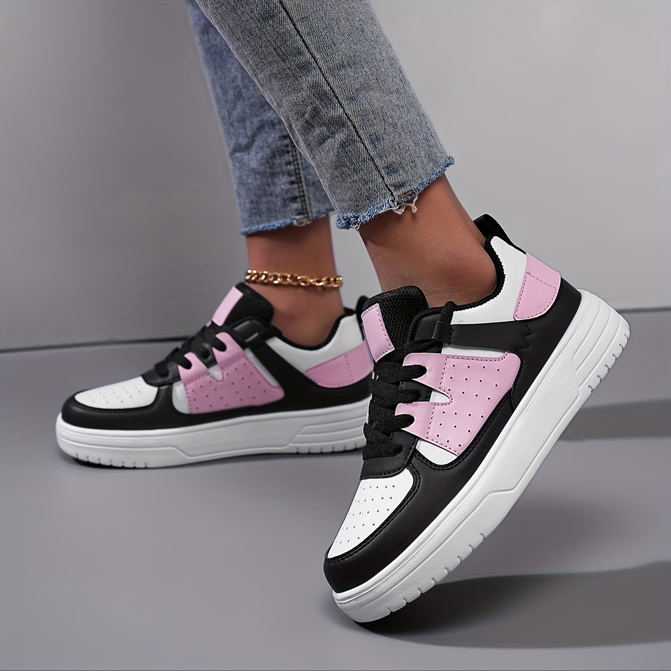 YHITC Women'S Rose Pink & Black Breathable Low-Top Sneakers - Lace-Up Casual Shoes with EVA Cushioned Sole, All-Season Comfort for Daily Wear, Tennis, Outdoor Activities, Ladies Sneakers, Versatile Footwear, Stylish Laceups, Durable Traction Footwear