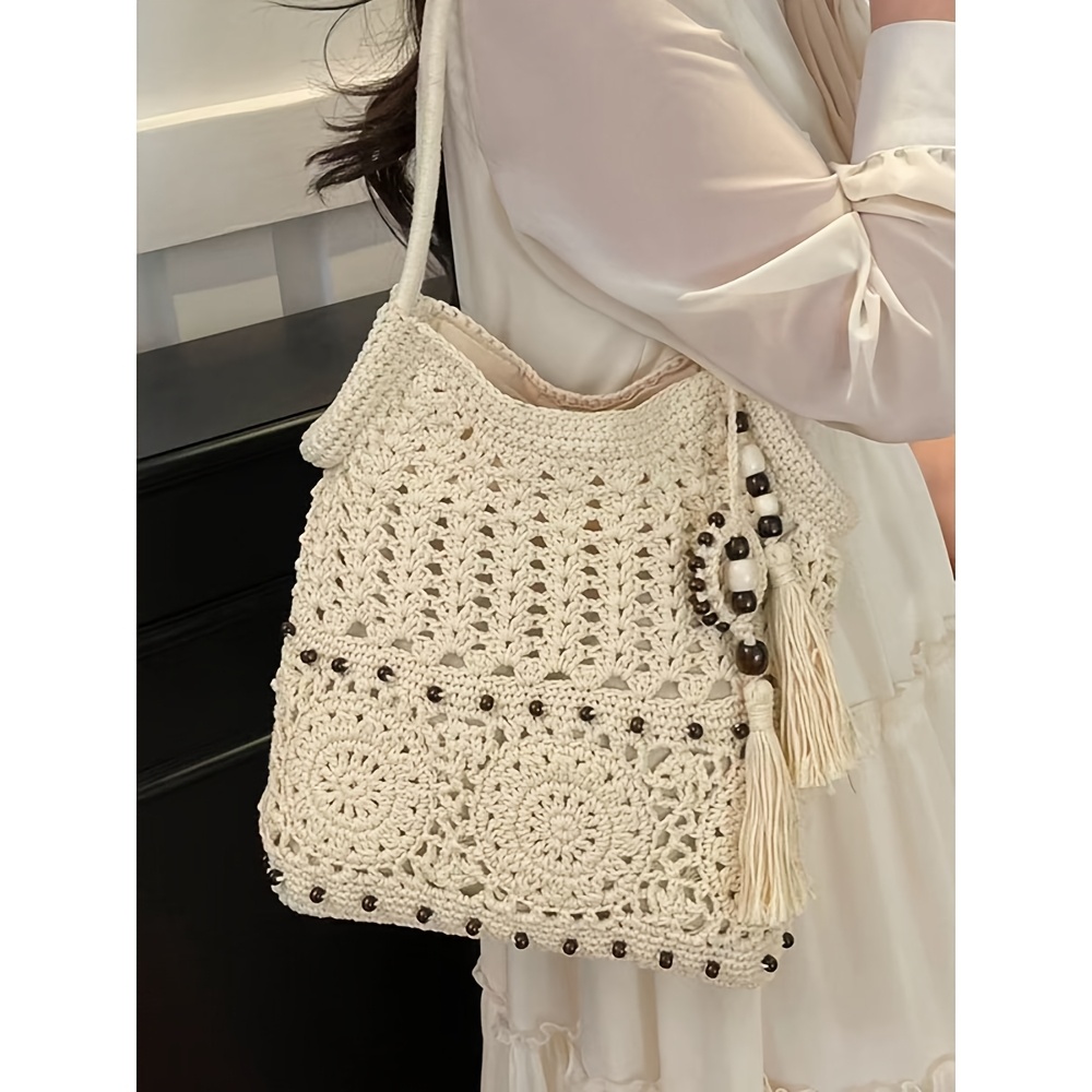 Women's Tote Bag, Vacation Bag in Khaki/Beige, Crochet Boho Hobo Bag, Beach Bag for Women, Bohemian Woven Handbag, Summer Vacation Beach Handbag, Bohemian Crossbody Bag with Tassels