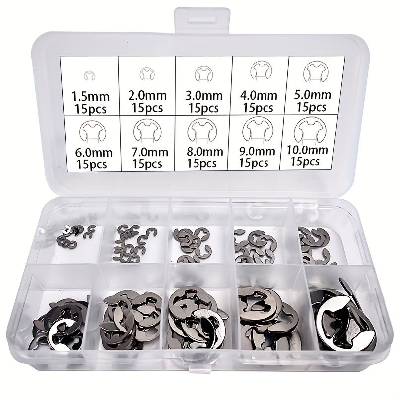 E-shop 150 Stück Offene Sicherungsringe, Fixierungsring Set, Schnappring Set, Edelstahl Fixierungsring Klassifizierungs-Kit, E-Typ Schnappringe,