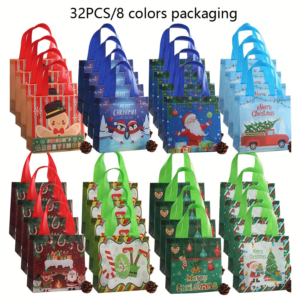 Image of Santa Claus Christmas Gift Bags - 8/32pcs Set, Cartoon Snowflake Print, Foldable & Waterproof Polypropylene Tote Bags For Gifts, Shopping, And Parties