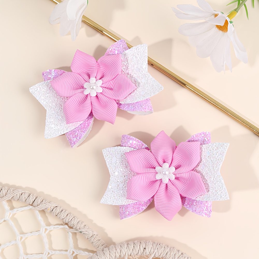 E-shop 2er-Pack Glitzer Hexagon Blumen Haarspangen Funkelnde Schleife Haarnadeln für Mädchen Teenager Süße Glänzende Haarverzierungen für Tägliche