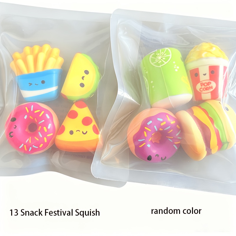 8pcs/13pcs Christmas Squish - Snack 7 Styles Soda Burger Donut Taco Pizza, Each With Happy Face (random Colors)