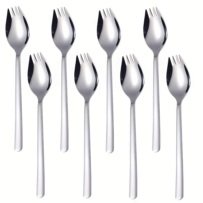 Image of 8pcs Stainless Steel Spork, 7.87-inch Long Handled Dessert Spoon, Salad Fork Ice Cream Spoon, Fruit Fork Cutlery Set Use For Appetizers - Dishwasher Safe - Suitable For Kitchen(silvery)