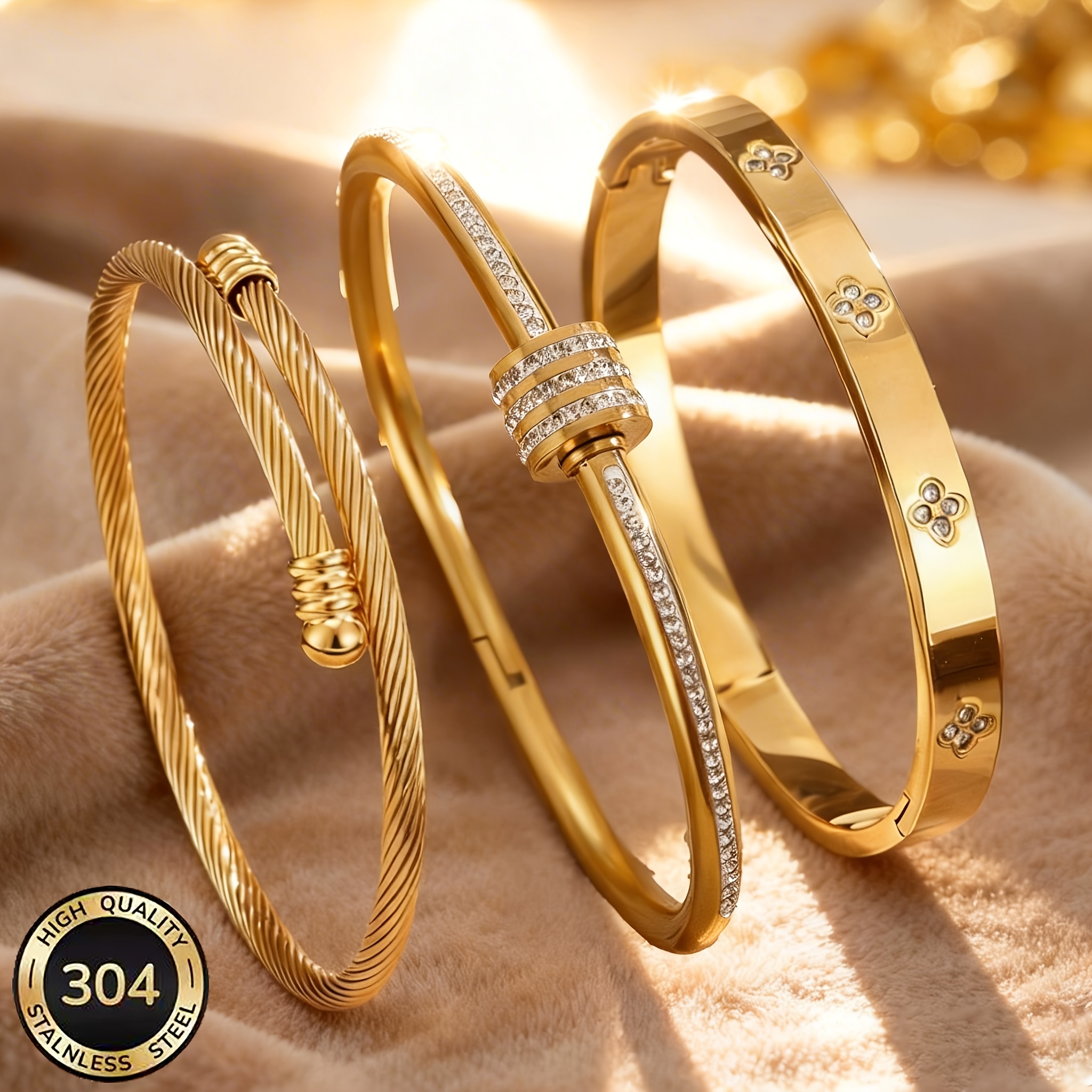 TEMU Ladies' 3pcs Set 18k Gold-plated Bracelet, 304 Stainless Steel Stackable Bracelet Set, Non-fading Hypoallergenic Clover Twist Rope Bracelet,