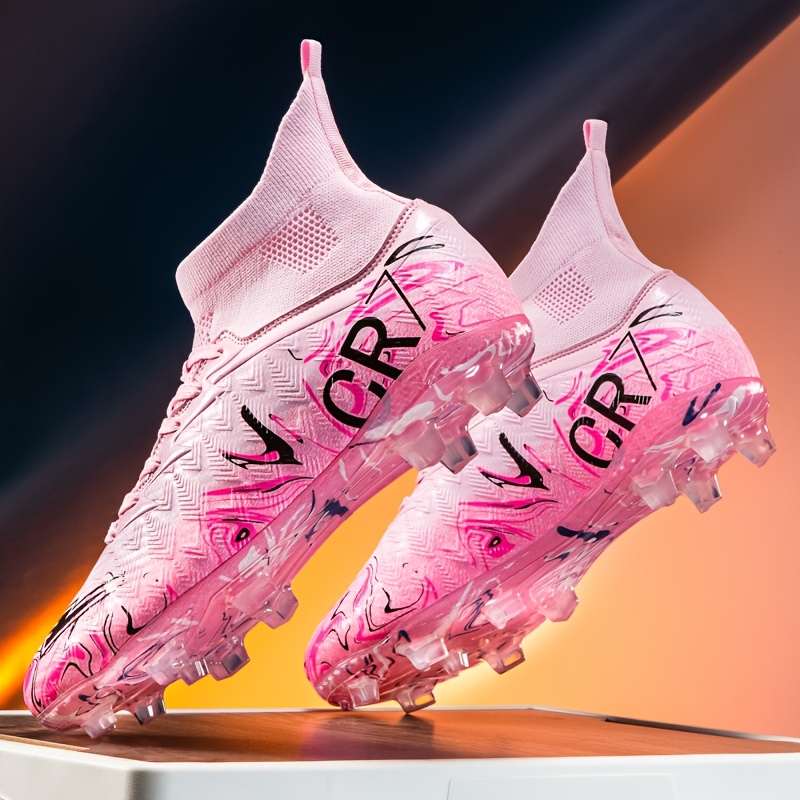 youth boys high top football cleats lightweight breathable training shoes with tpu studs pink       for outdoor soccer practice matches football shoes durable sportswear 0