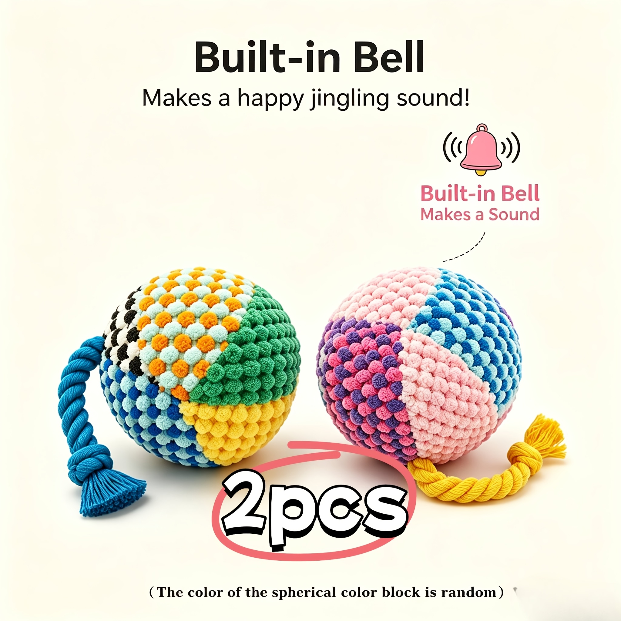 TEMU Color Block Plush Rope Ball Pet Toy With Built-in Bell, Bite-resistant Molar Interactive Chew Toy For Small To Medium Dogs And Cats