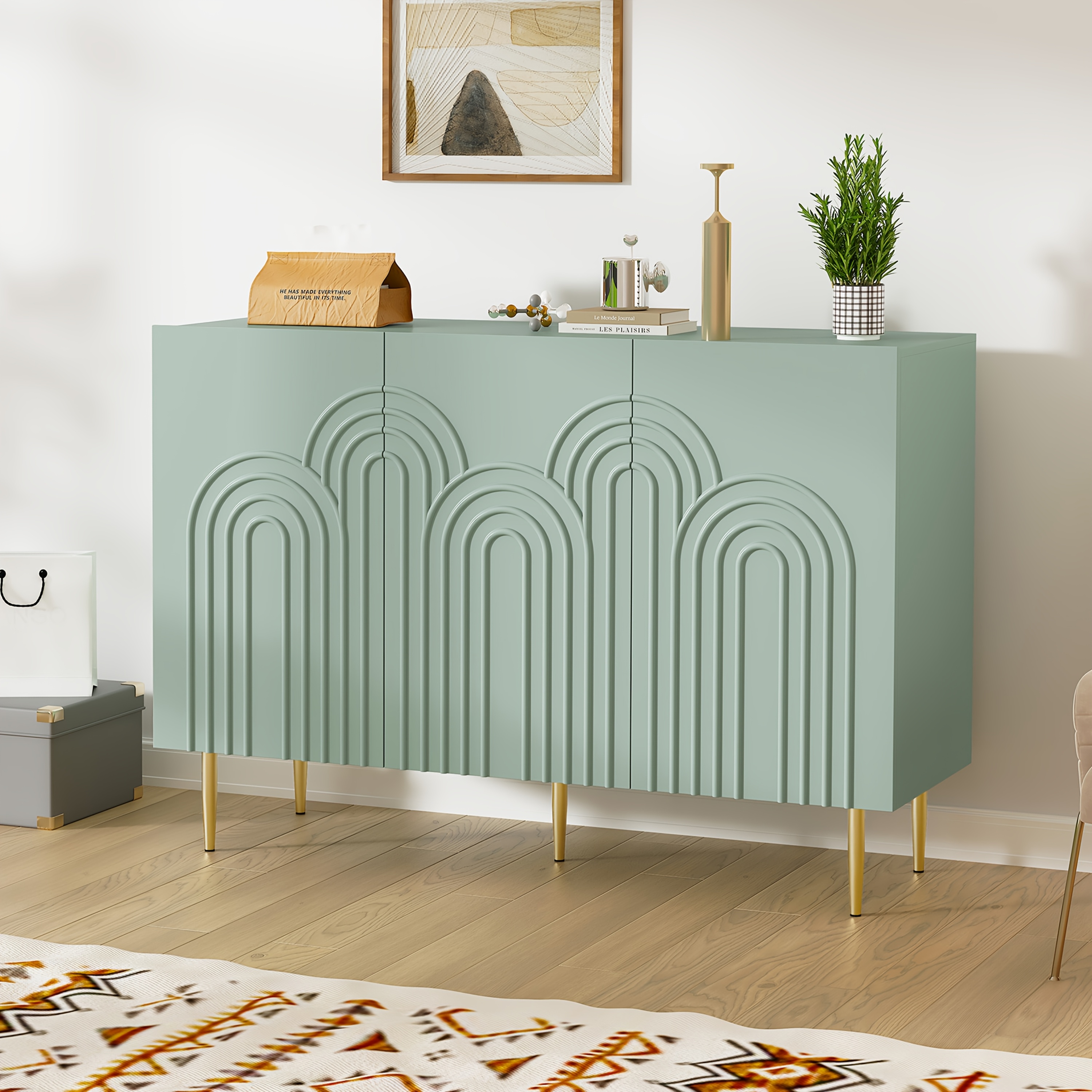 47" Accent Cabinet With 3 Doors, Sideboard Buffet Cabinet With Cloud Relief, Modern Decorative Credenza With Storage For Living Room, Kitchen, Dining Room, Hallway, Entryway