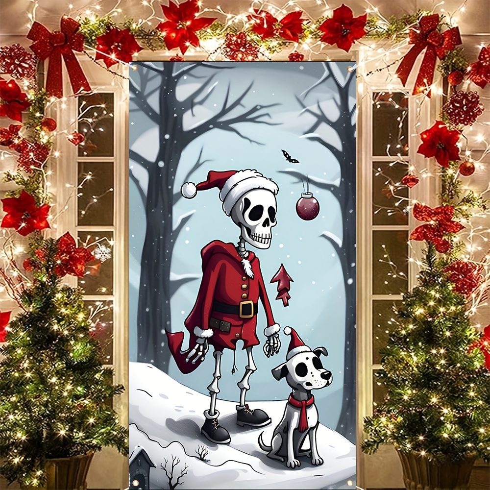 

Festive 35 X 70 Inch Vinyl Banner: Cartoon Santa Skeleton And Dog Design For Christmas Door Hanging - Reusable And Washable