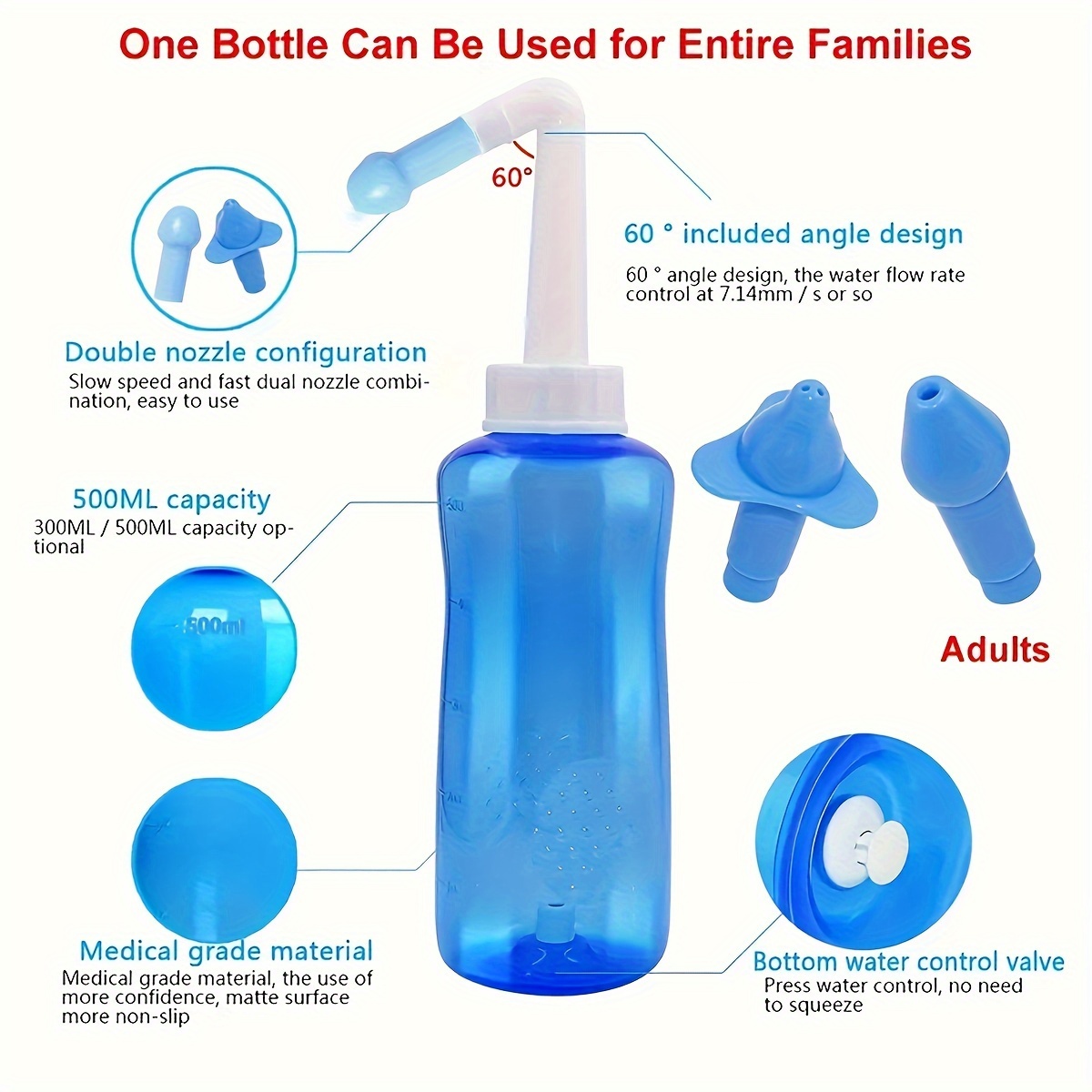 Botella de lavado nasal Neti Pot Sinus Rinse Bottle Limpiador de nariz  Conjunto de irrigación nasal Cuidado de la nariz Nariz Alergia Herpes Gripe  Enfermería para adultos y niños, 500m