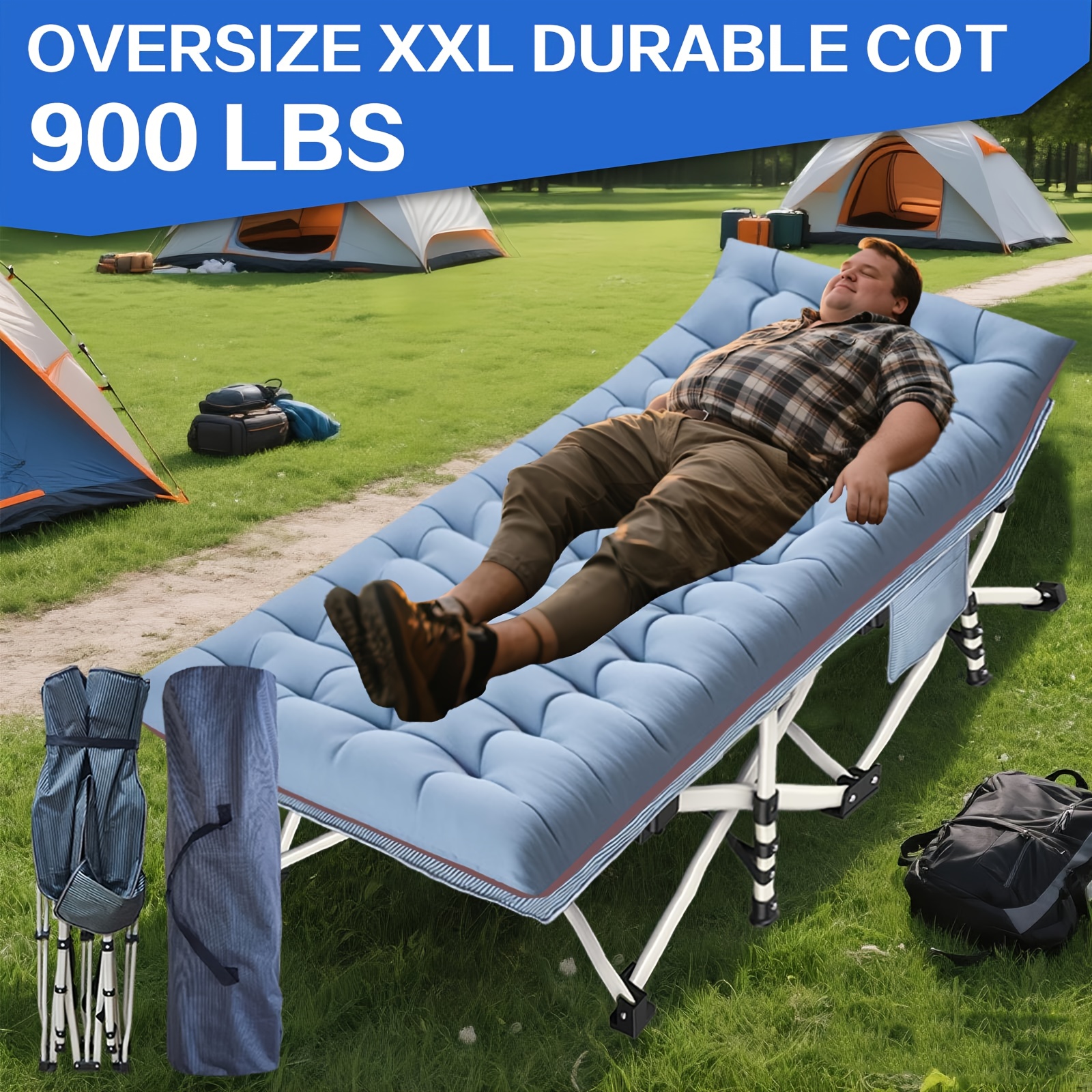 TEMU Lit pliant extérieur robuste de 79 pouces - Capacité de charge de 900 livres, tissu Oxford 1200D, lits de camping extra larges pour adultes avec