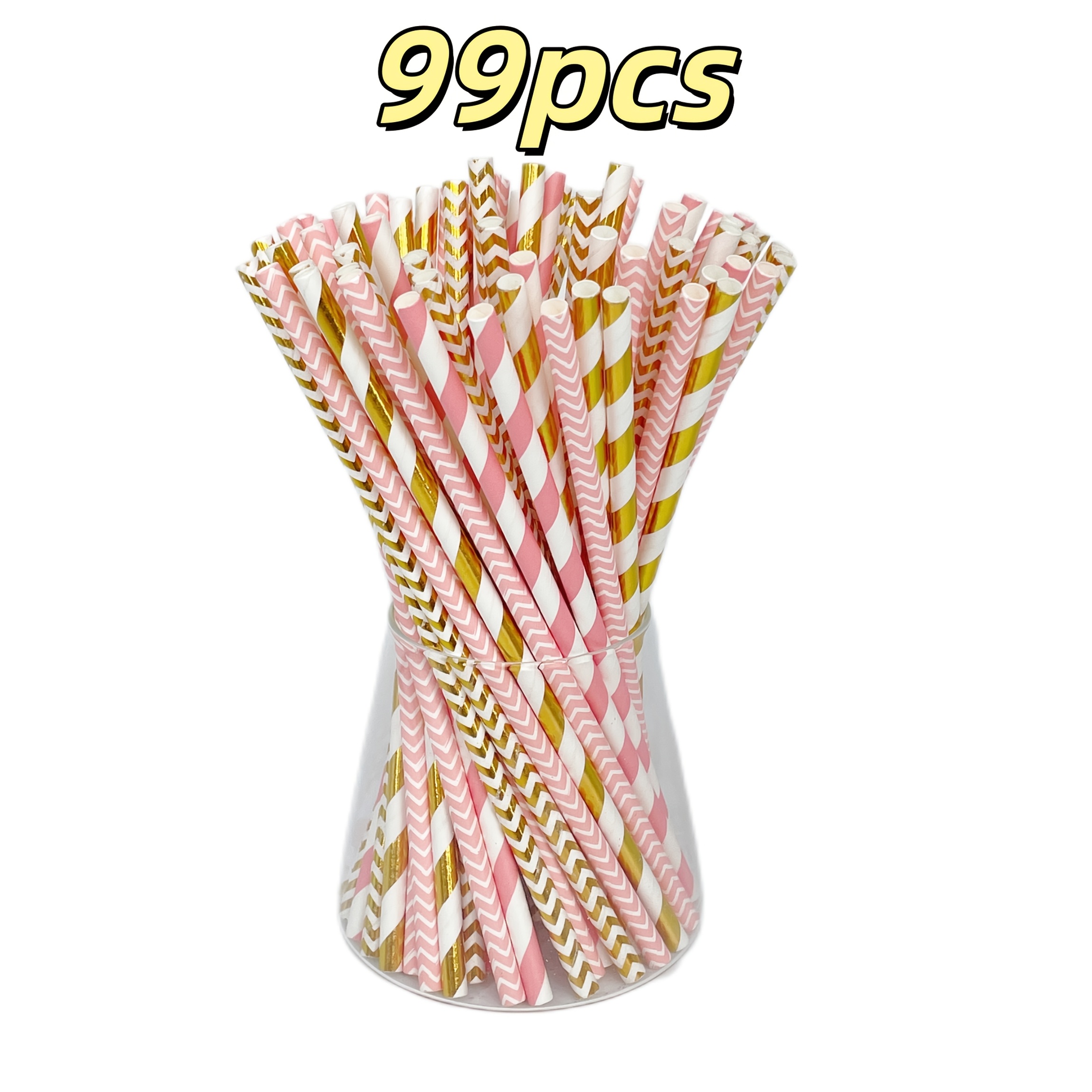 Image of 99pcs Of Assorted Rose Golden Paper Straws, 0..75 Inches, Dessert Preparations, Parties, Birthdays, Coffee, Bubble Tea, , And More.