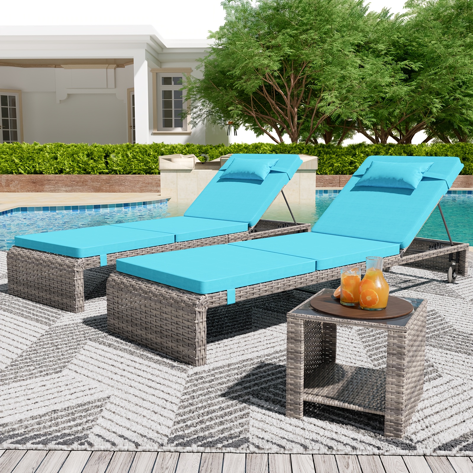 Lounge Chair Set, 3pcs Outdoor Modern Patio Furniture Lounge Chairs Set of 2 with Adjustable Backrest And Side Table, Durable PE Wicker, Weather Resistant Cushions, Blue