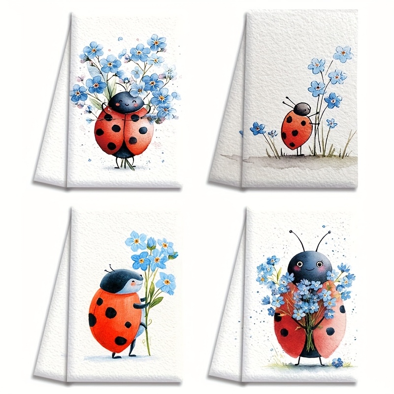 TEMU 4pcs Dish Towels 18x26 Inches With Ladybug And Blue Flower Designs, Ultra-absorbent Microfiber Kitchen Hand Towels, Suitable For , Baking,