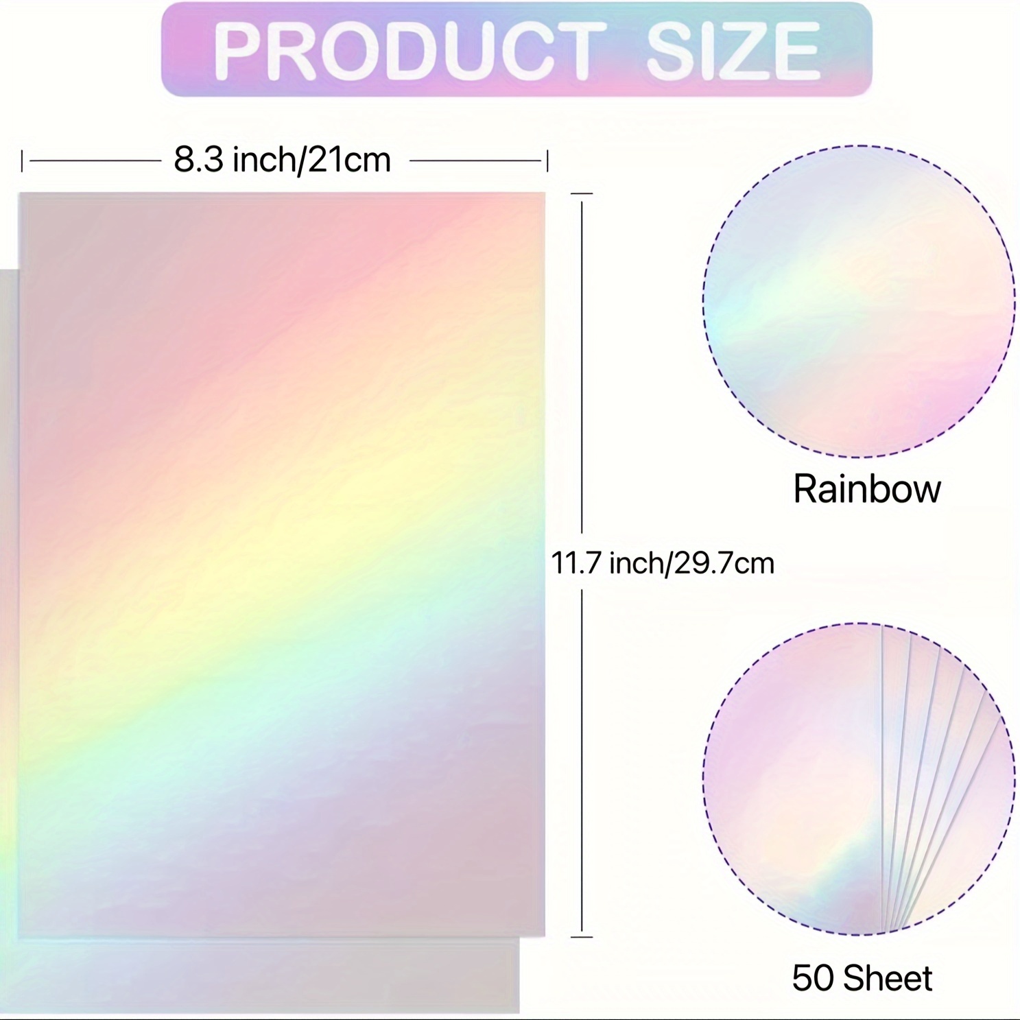 50-Pack PVC Holographic Transparent Sticker Paper, Self-Adhesive Waterproof Vinyl Overlay with Rainbow Effect, A4 Size Lamination Film Sheets for Crafts and Labels