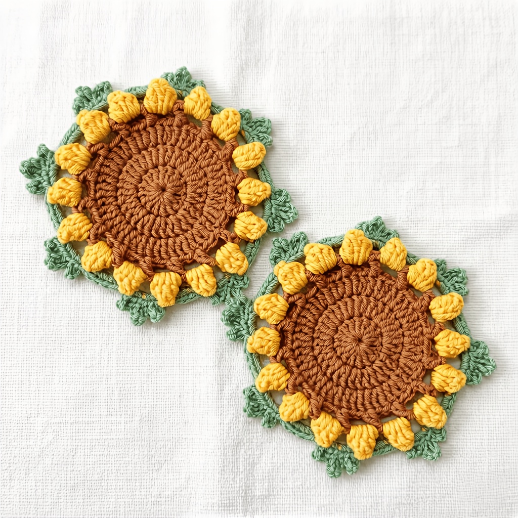 TEMU Set Of 2 Sunflower Crochet Coasters, Fresh Pastoral Style Heat-insulating Pads, Used Cup Mats, Coffee Cup Heat-resistant Pads, Tabletop Decor,