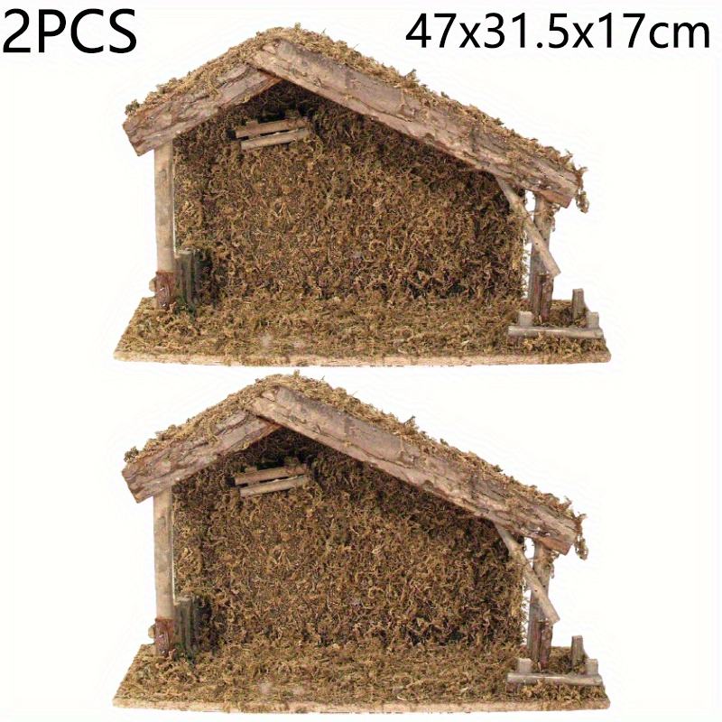 Image of 2pcs Large Handmade Vintage Wooden Christmas Nativity Manger Scene With Moss Cabin & Manger - / Suitable For Church & Home Nativity Play, Christmas Decoration (47x31.5x17cm)