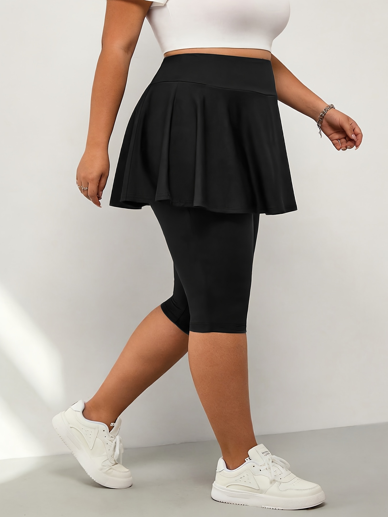 Plus Size Casual Women's Stretchy Elastic Waist Solid Color Skort-Style Thermal Leggings with Pockets, Comfortable, Breathable, and Elastic Fabric, for Daily Wear, Machine Washable
