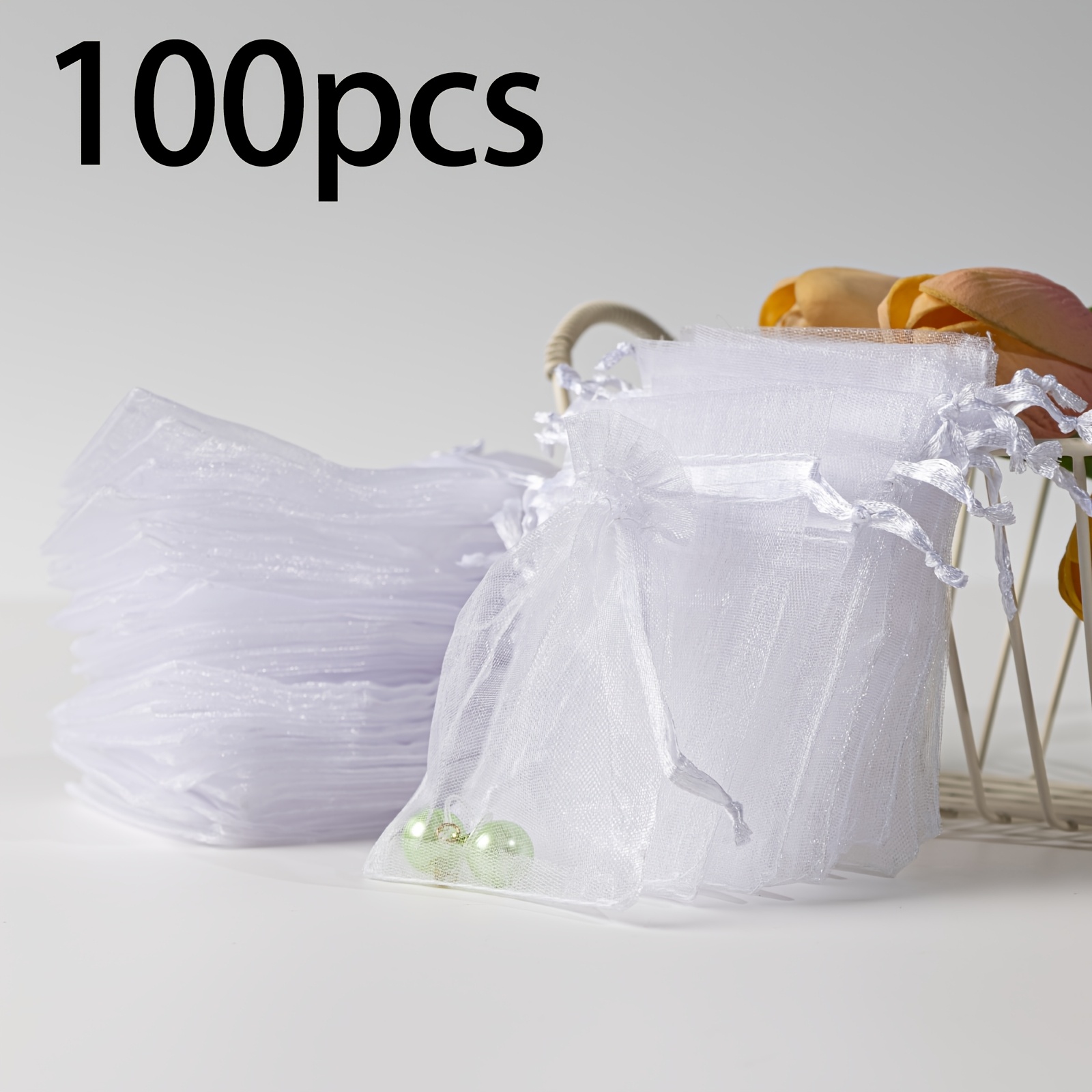 Image of 100pcs Transparent Organza Drawstring Gift Bags, Clear Ties Closure, Perfect For Wedding Favors, Party Gifts, Jewelry, Candy, And Decorations, Small Fabric Bags For Gifts And Treats