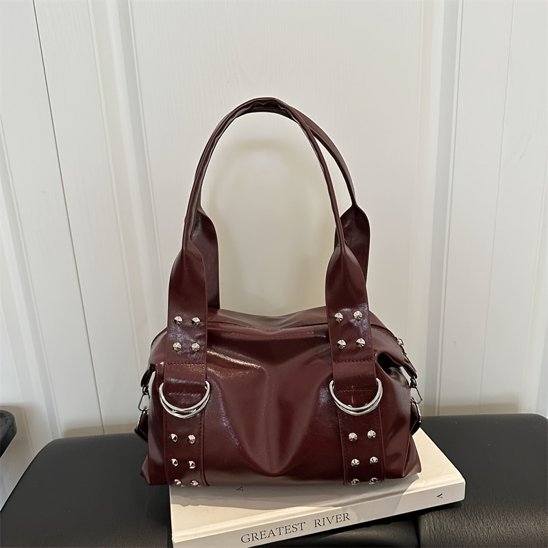 TEMU Sac à bandoulière pour femme en PU de haute qualité, sac sous Y2K de grande , sac à main Boston tendance à rivets pour femme