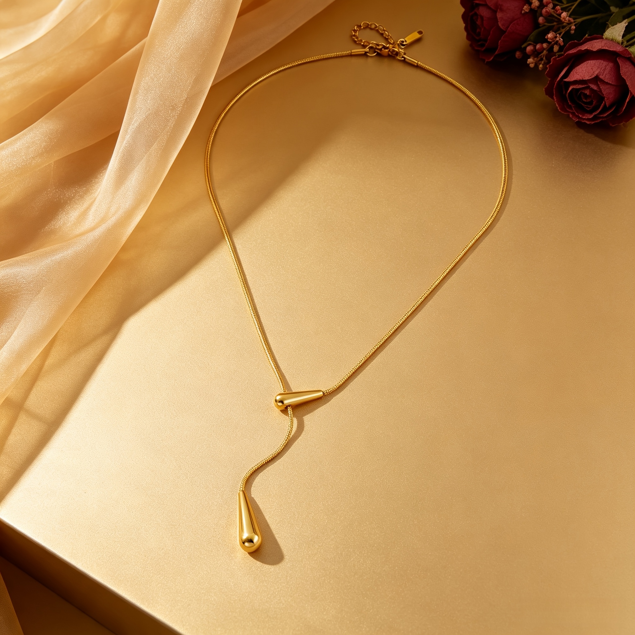 Women's Golden Water Droplet Pendant Necklace, Elegant Design