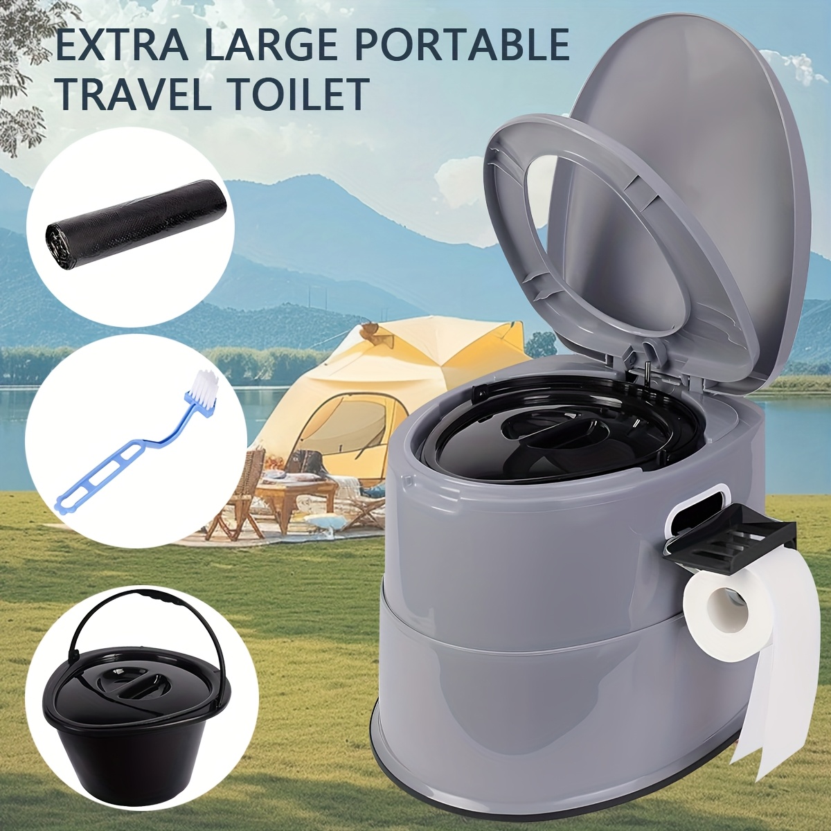 TEMU Extra Large Portable Gray Plastic Toilet Easy To Disassemble Inner And Tissue Holder Convenient And Compact Suitable For Hiking Camping Beach And Outdoor Adventure