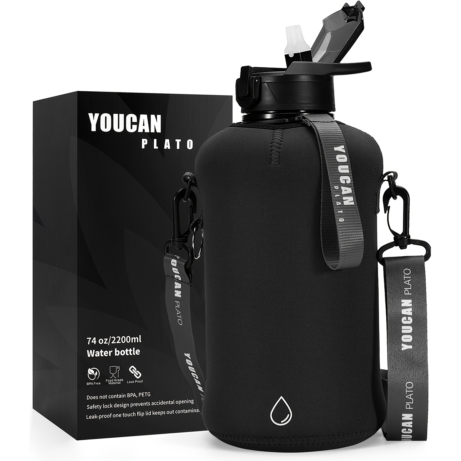 TEMU 74 Oz Half Gallon Water Bottle With Sleeve-large Water Bottle - Water Bottle With Straw- Gallon Water Jug With Handle And Bottle Brush-bpa Free- Leakproof, Workout Bottle