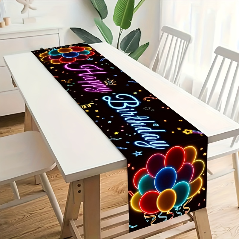 E-shop Neon Leuchtende Geburtstags-Tischläufer - Neon Leuchtende Partydekorationen mit Ballons, Glitzer, Konfetti & Happy Birthday Text,