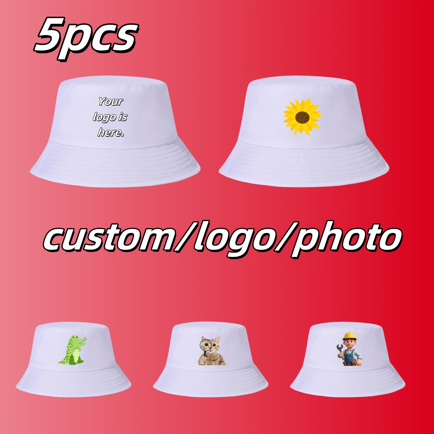 5pcs Custom Logo Double-Sided Bucket Hats