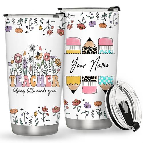 20oz personalized teacher tumbler double wall vacuum insulated leakproof stainless steel mug with custom name floral pencil designs back to school teacher appreciation birthday graduation gifts from students essentials vibrant tumbler design insulated drinkware