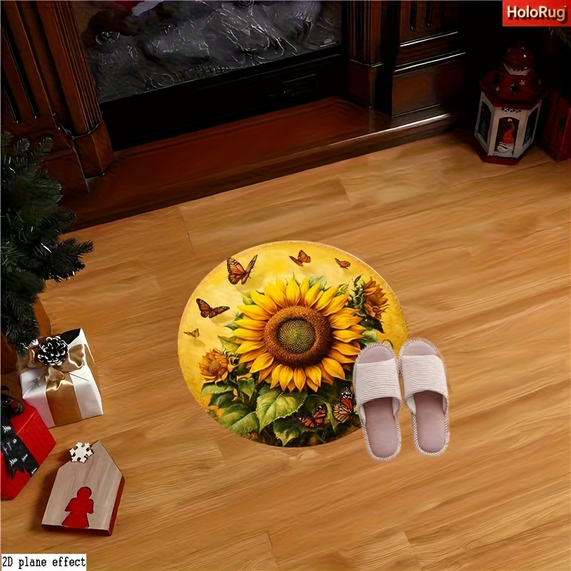 TEMU A Round Rug Featuring A Sunflower Design - Soft, Lightweight, And Washable, Suitable For Cottages, Living Rooms, Bedrooms, And Offices, Perfect