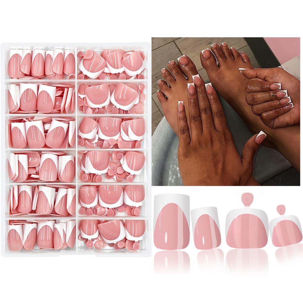 TEMU Set de uñas postizas francesas blancas de 312 piezas para manos y pies, forma cuadrada corta, uñas marrones brillantes para manos y pies, nail